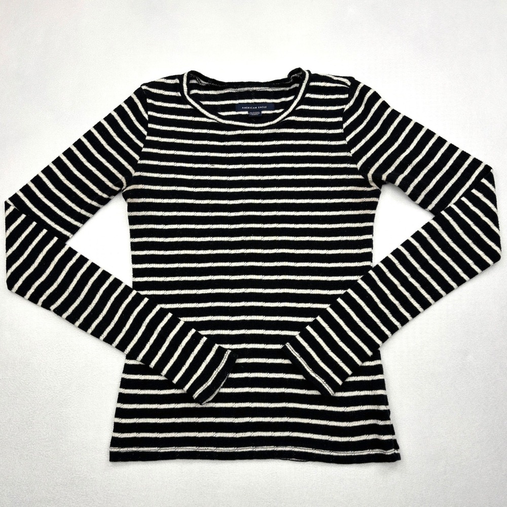 American Eagle Top Womens XS Black White Striped Ribbed Knit Long Sleeve Shirt